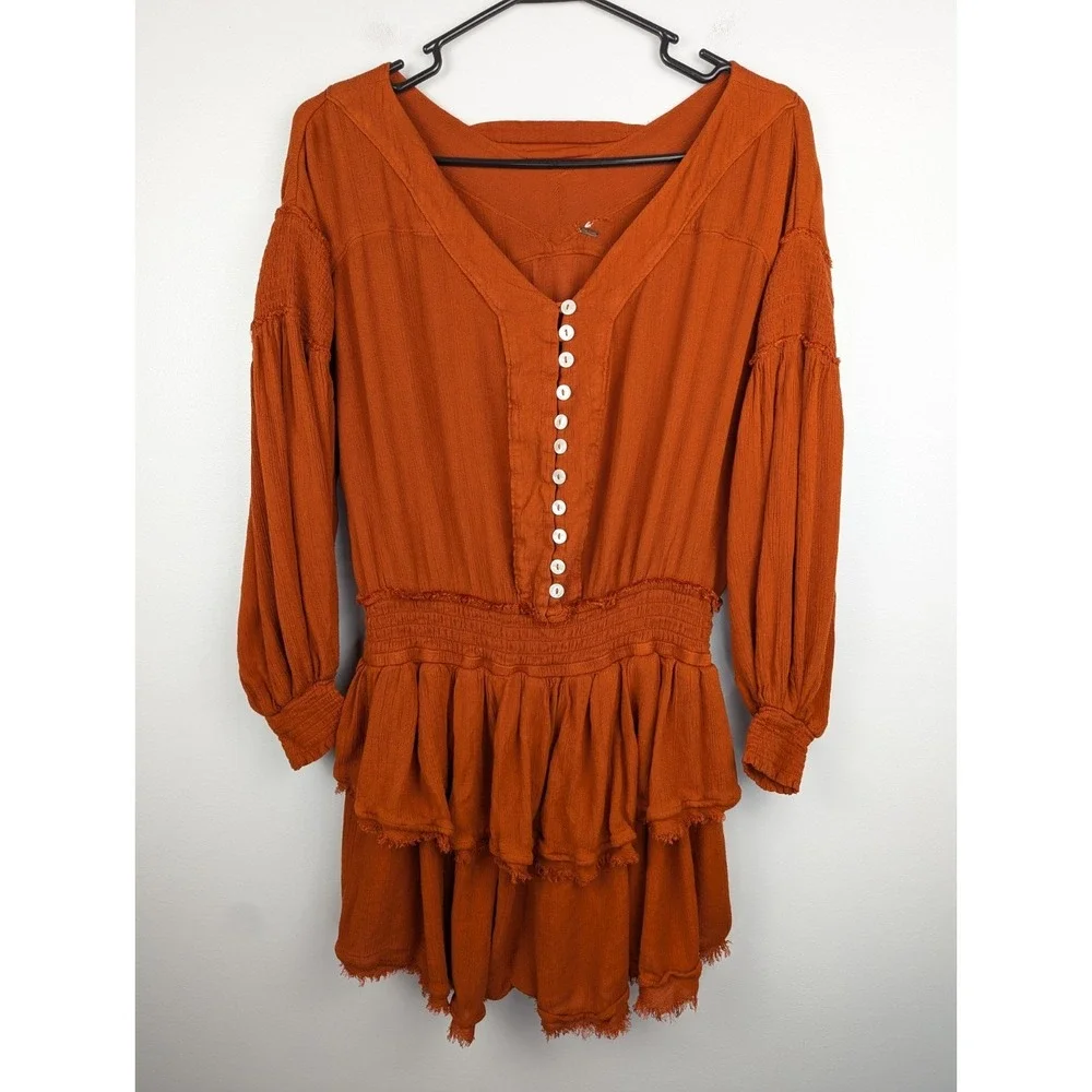 Free People Womens Romy Mini Dress XS Smocked Ruffle Tiered Orange Boho Festival